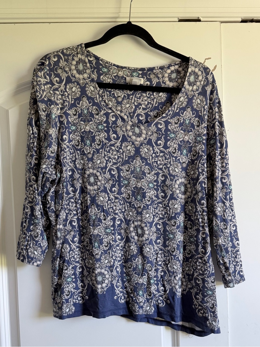 Chico's Navy Blue Floral Scroll Long Sleeve Scoop Neck Top